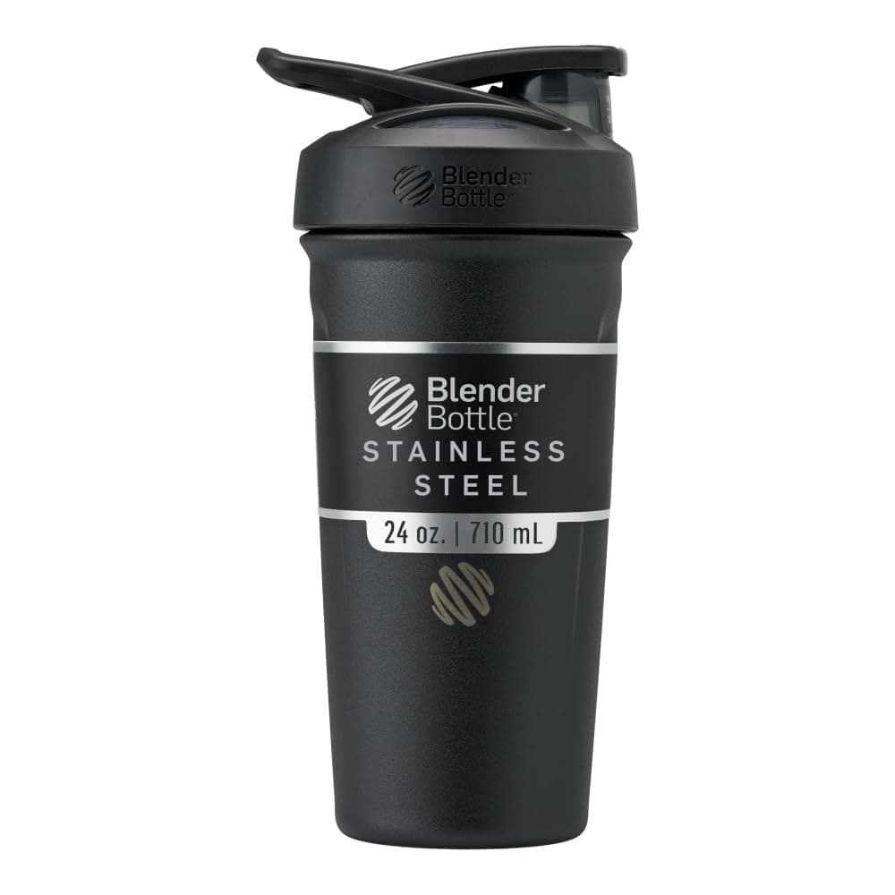 BlenderBottle Strada - Botella térmica de acero inoxidable con BlenderBall, coctelera de proteínas y agitador de fitness, sin BPA, doble pared, aislado al vacío, negro, 710 ml.