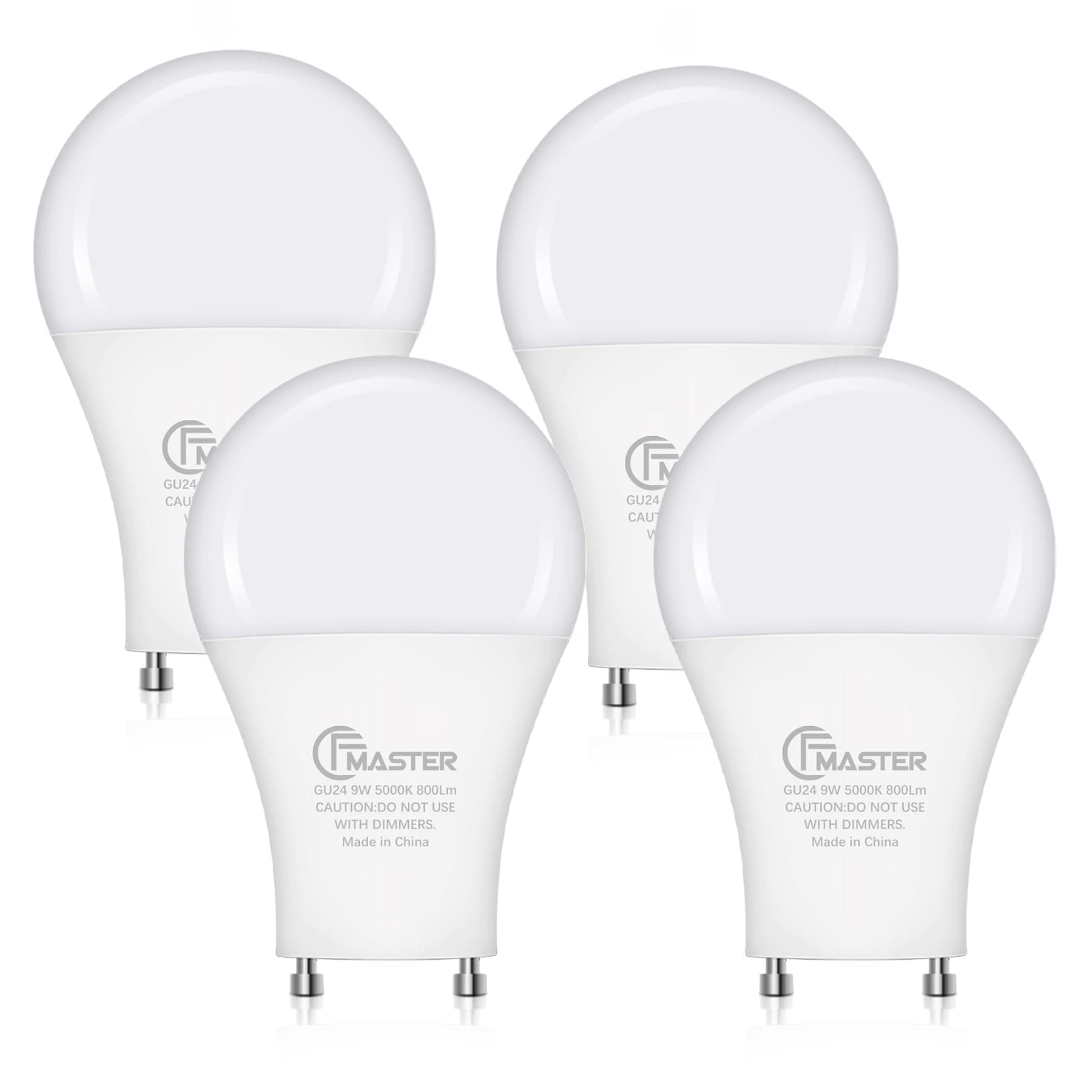 CFMASTER GU24 LED Light Bulb, 5000K Daylight, 9W(60W Equivalent), 800 Lumens, A19 Shape GU24 LED Bulbs, Twist and Lock GU24 Pin Base with Two Prongs, Non-Dimmable, UL ETL Certificated(4-Pack)