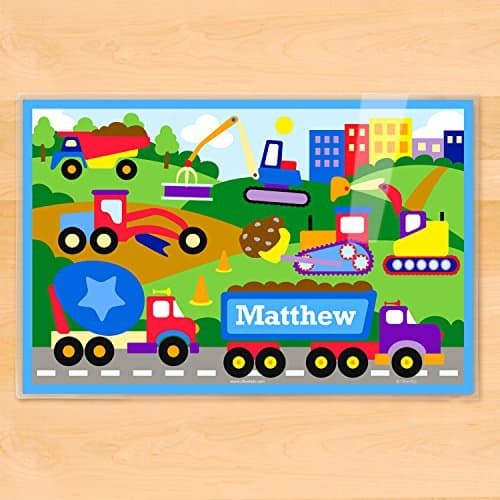 Construction Trucks Personalized Placemat for Kids, 18 Inches x 12 Inches, Laminated, by Art Appeel