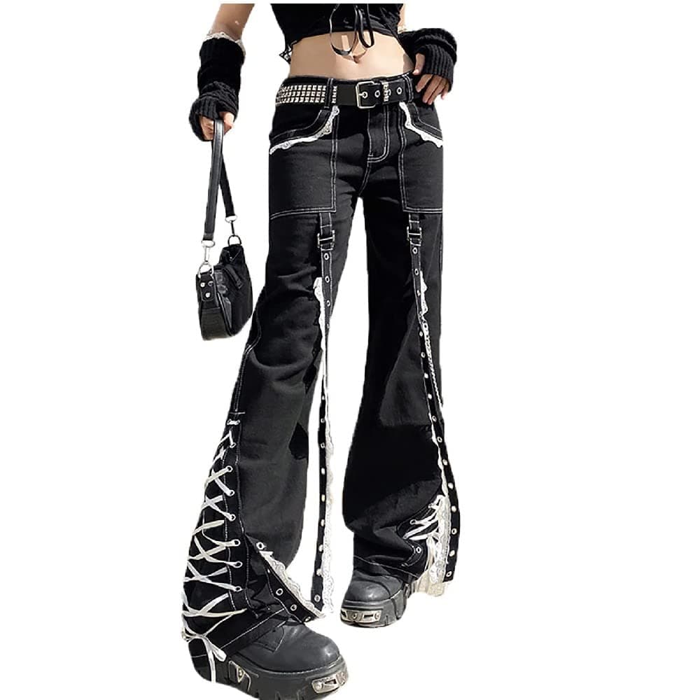 MAEHARRT Gothic-Jeans, Gothic-Hose, Gothic-Hose für Damen, Punk-Hose, Y2K-Hose, hohe Taille, Jeans für Damen, Emo-Hose, Schwarz-I, Größe L