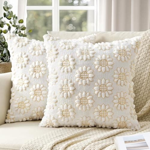 SWANCOCO Spring Pillow Covers 20x20 inch Set of 2 Pure White Flower Sunflower Daisy Summer Farmhouse Decorative Soft Plush Faux Fur Jacquard Throw Pillows for Sofa Bedroom Holiday Home Decor