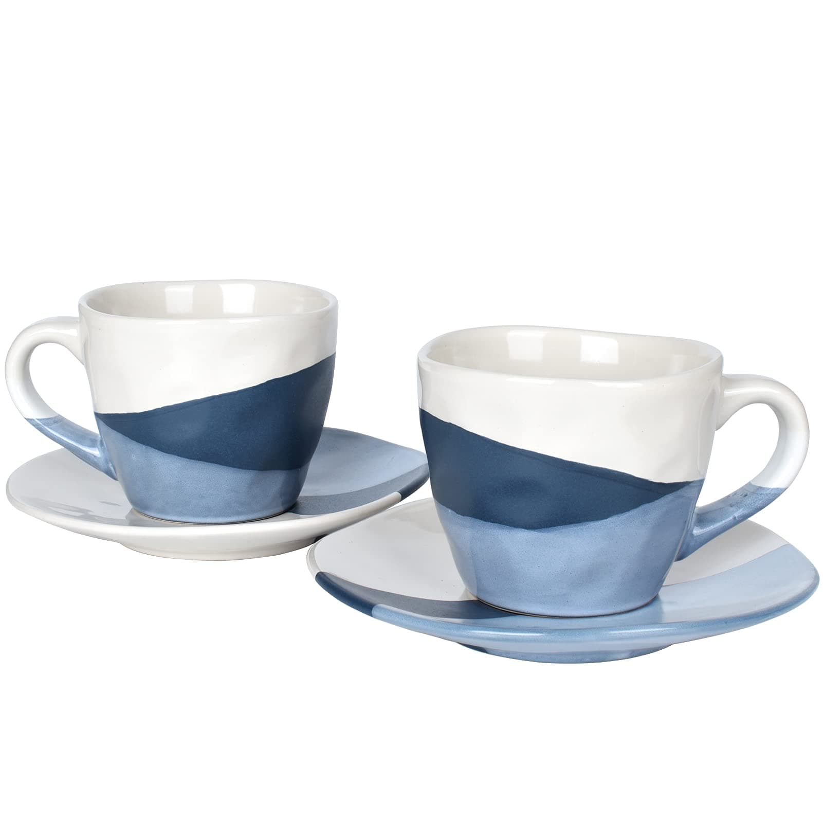 Bosmarlin Stoneware Coffee Cup Mug and Saucer Set of 2 for Latte, Cappuccino, Tea, 9 Oz, Dishwasher and Microwave Safe (Blue, 2)