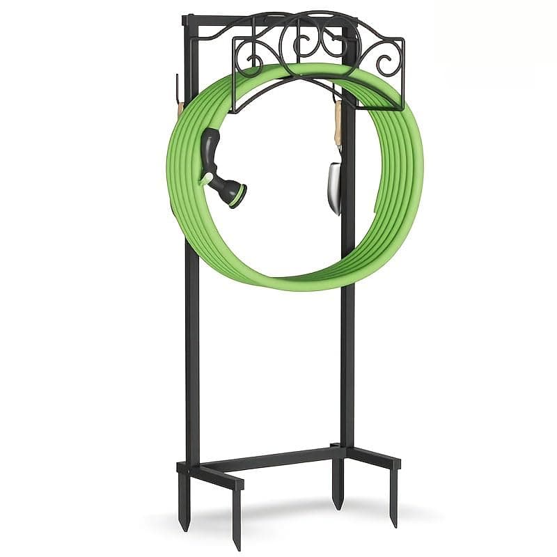 NEYCIL Garden Hose Holder, Water Hose Holder Stand with 4 Spikes Holds 150ft, Heavy Duty Metal Hose Organizer, Freestanding Hose Rack for Outside Yard Lawn Farm, Black