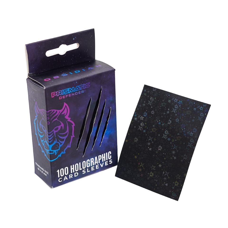 PRISMATIC DEFENDER® Starfield/Obsidian Holographic Card Sleeves – 100 Pack Standard Size Foil Sleeves for TCG & Trading Cards – Compatible with Magic The Gathering (MTG), Lorcana, Digimon