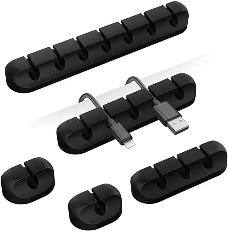 Cable Management Organizer Clips 5 Pack – Silicone Adhesive Cord Holders for Desk, Car, Nightstand, Office, Home – Cable Organizer for USB Charging Cables, Power Cords, Headphones (7-5-3-1-1 Slots)