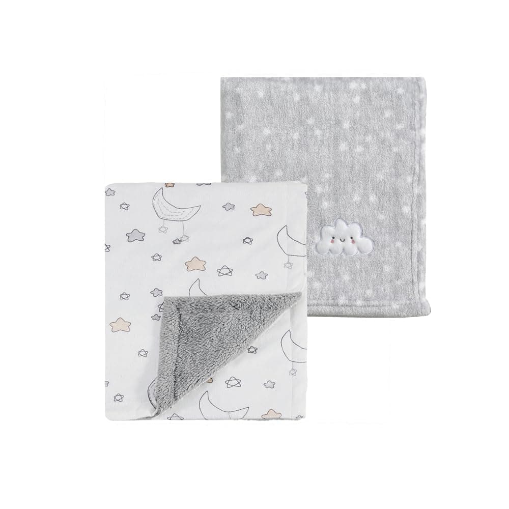 CREVENT 2Pcs 75cmX100cm Cute Cozy Fluffy Warm Baby Blankets for Infants Toddlers' Bedding Crib Cot Stroller - Grey Cloud + Minky Night