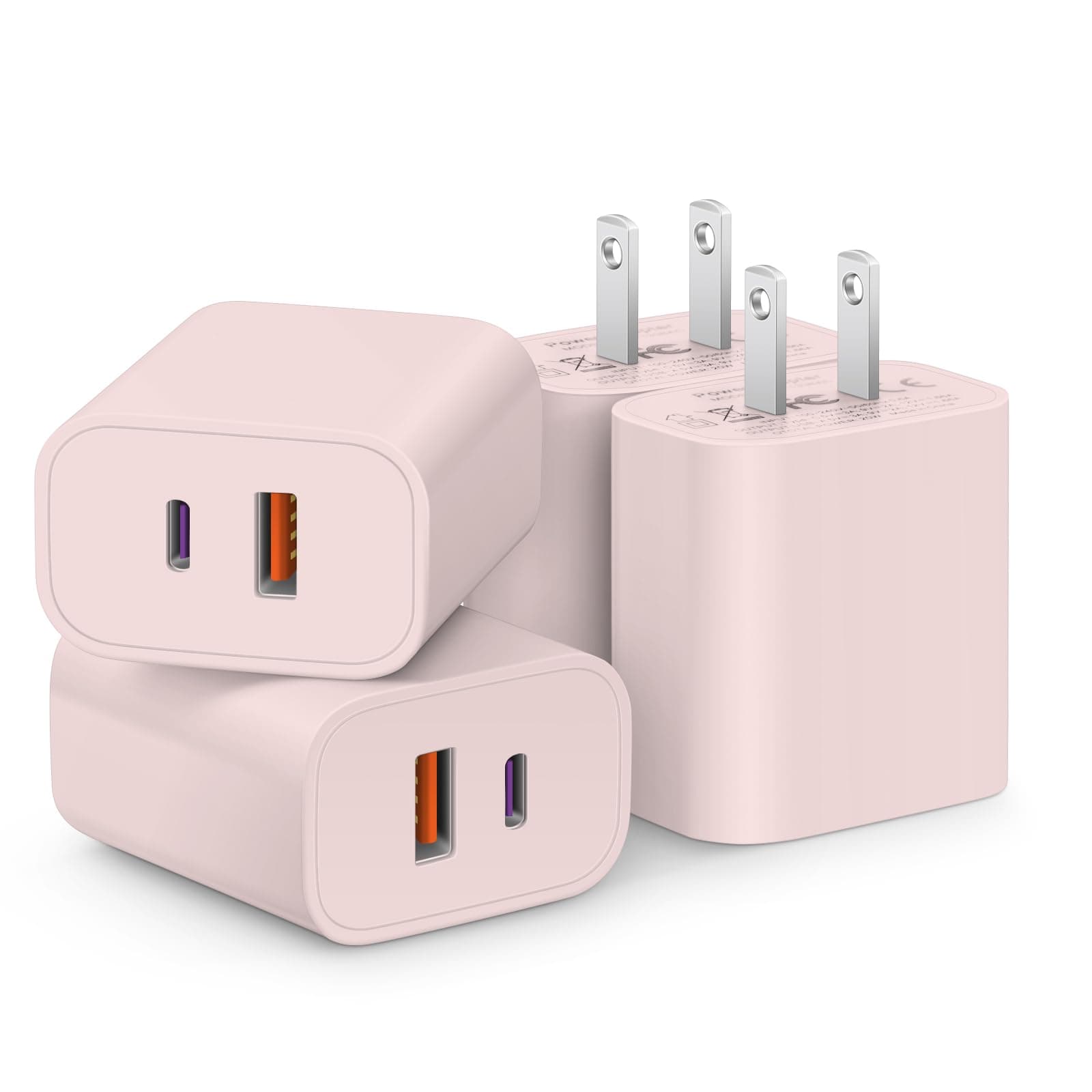 [4 Pack] USB C Charger Block Fast Charging Multiport Adpater [PD 20W USB-C & QC 3.0 USB-A Port] for i Phone 17/16/15/14/13/12/11/X/8, i Pad, Galaxy, Google, Galaxy & More [Pink]