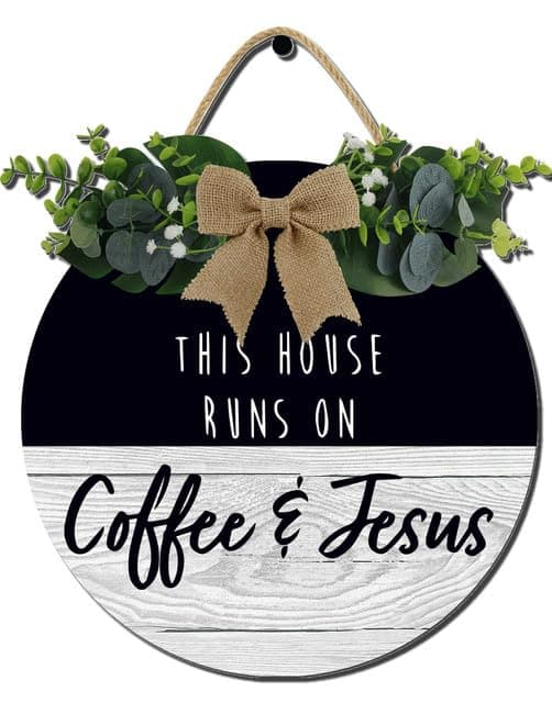 12x12 Inch "This House Runs On Coffee And Jesus" Wall Art - Coffee Bar Decor (Rustic Wreath)