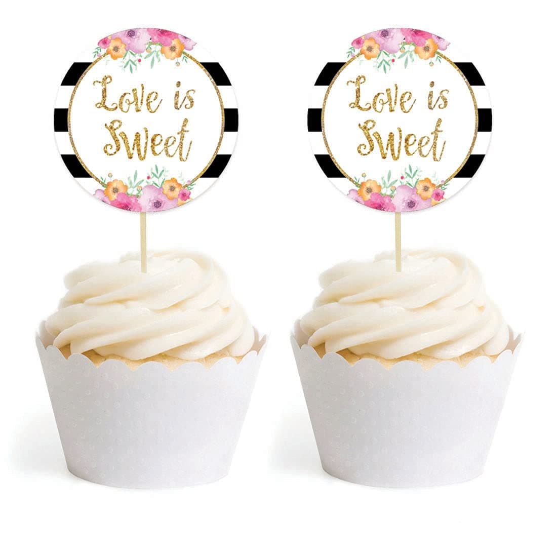 Andaz Press Floral Gold Glitter Print Wedding Collection, Round Cupcake Topper DIY Party Favors Kit, 20-Pack