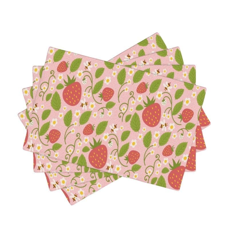 Strawberry Placemat Set, Bright Red Pink Summer Strawberries Pattern Home Decor Linen Table Mats for Dining Room Kitchens Party Decor, 18" L x 12" W【4 PCS】