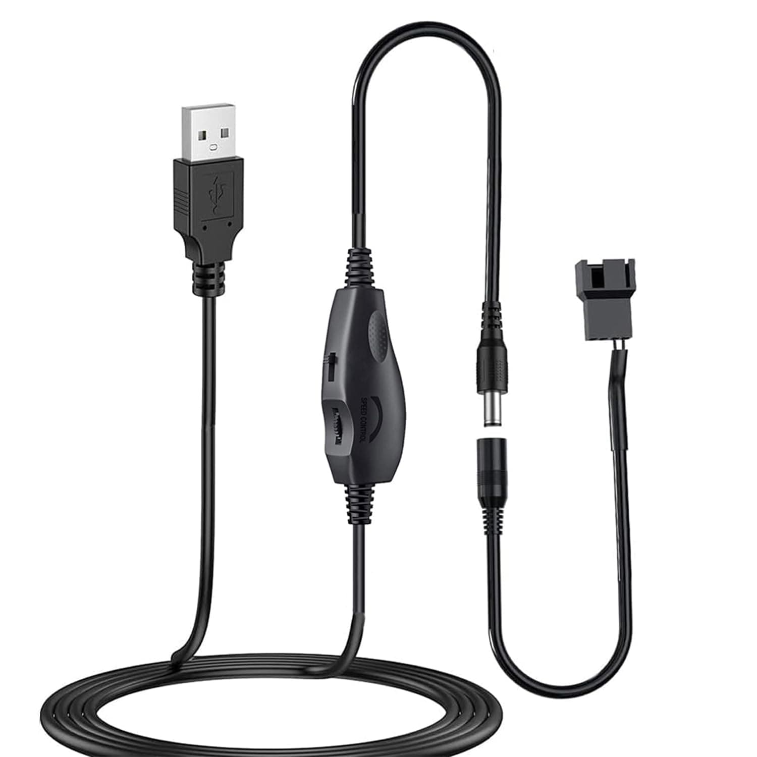 Delinx 12V Fan Speed Controller, USB 5V to DC 12V Adapter, 5-12V Adjustable, 3/4 Pin Fan Connector, 4.8ft Length, Black