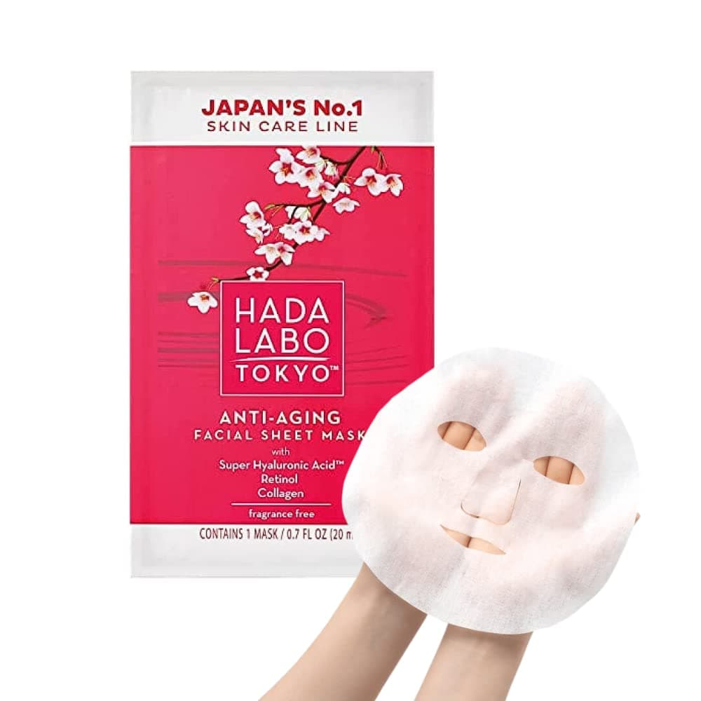 Hada Labo Tokyo Anti Aging Facial Sheet Mask – Moisturizing Face Mask - with Super Hyaluronic Acid for Deep Hydration - Retinol and Collagen - Fragrance Free