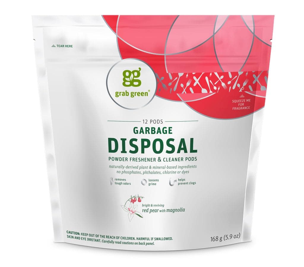Grab Green Garbage Disposal Freshener and Cleaner Pods, 12 Count, Red Pear with Magnolia Scent, Plant and Mineral Based, Removes Odors, Loosens Grime, Prevents Clogging