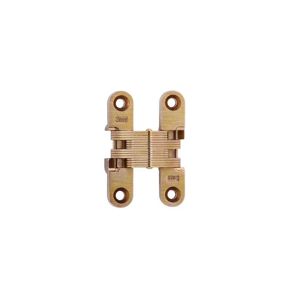 SOSS Mortise Mount Invisible Hinge with 4 Holes, Zinc, Satin Brass Finish, 2-3/8" Leaf Height, 1/2" Leaf Width, 23/32" Leaf Thickness, 8-32 x 5/8" Screw Size (1 Pair)