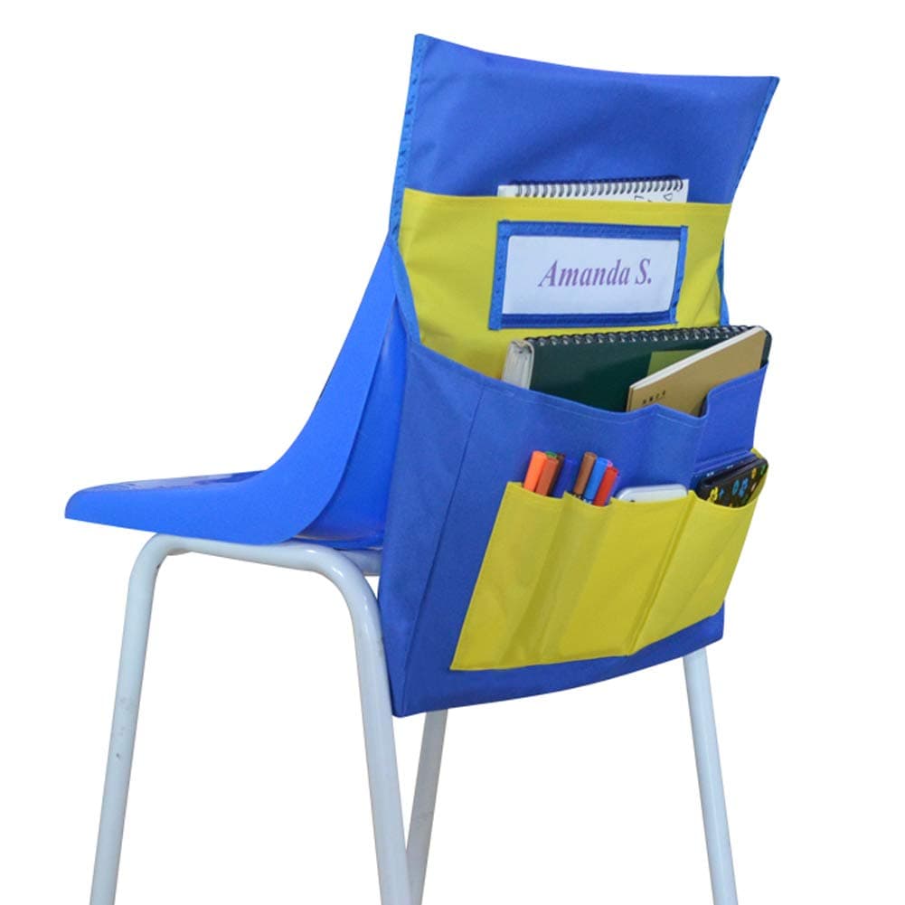EAMAY Seat Storage Pocket, Chairback Buddy Pocket Chart Organizer with Name Tag and 6 Storage Pockets, Blue and Yellow, Polyester