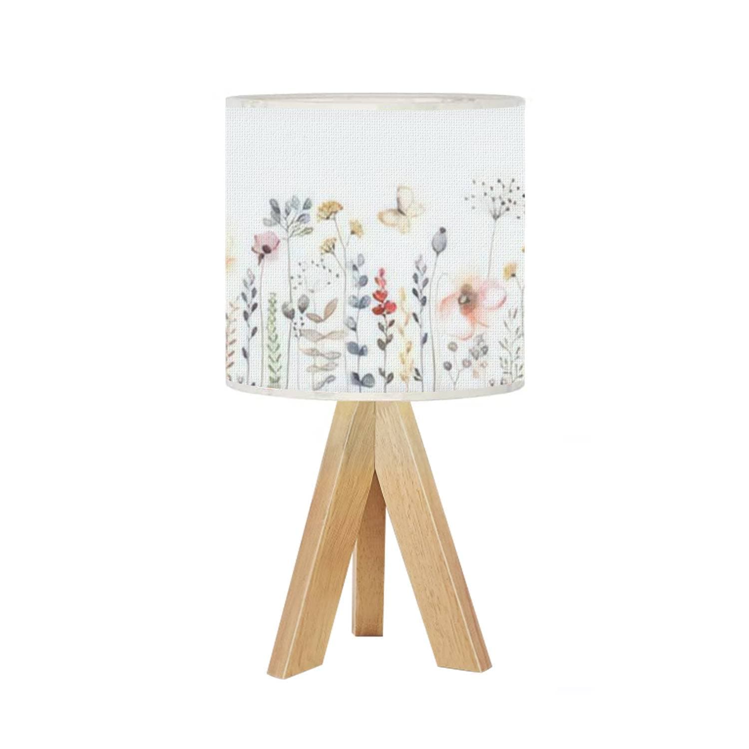BAISTSAELER Tripod Table Lamp Watercolor Floral Seamless Colorful Wildflowers Leaves Plants Bedside Desk Lamp Wooden Nightstand Lamp with Linen Fabric Shade for Nursery Living Room Kids Room Bedroom