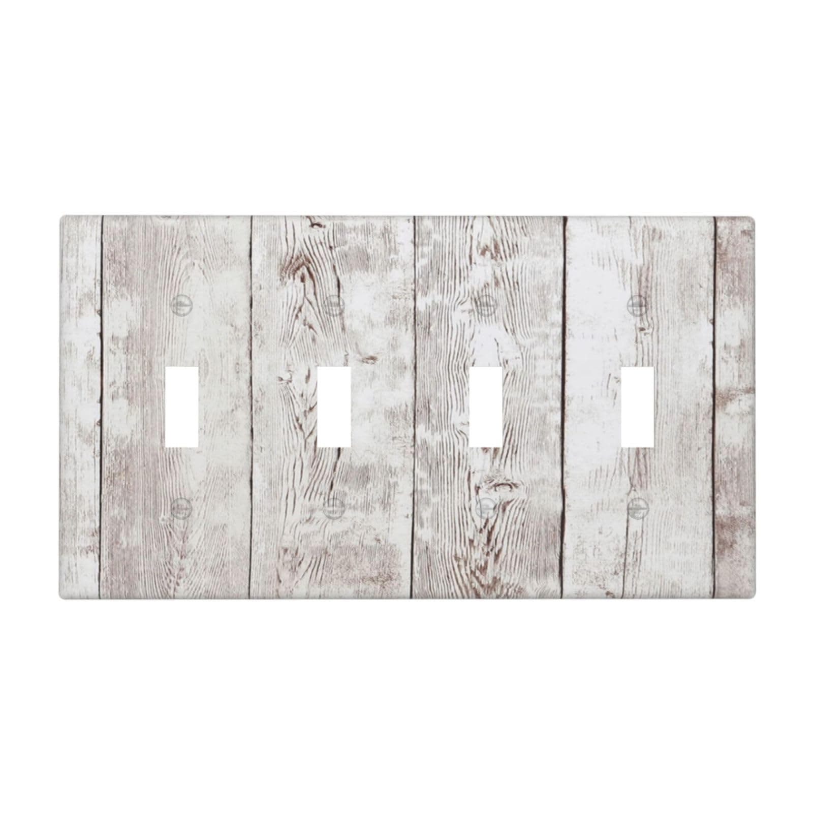 Light Switch Cover Rustic Farmhouse Gray/White Wood Grain Board 4 Gang Quad Toggle Decorative Switch Plates Electrical Wall Plates Faceplate for Bathroom Bedroom Decor