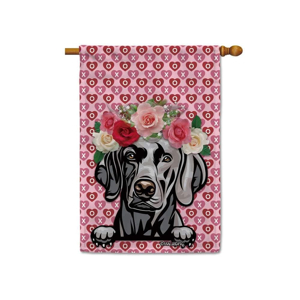 MALIHONG Happy Valentine's Day House Flag Peeking Dog Weimaraner Biting a Rose Flower Love Banner for Home Decor 28x40 Inch Printed Double Sided