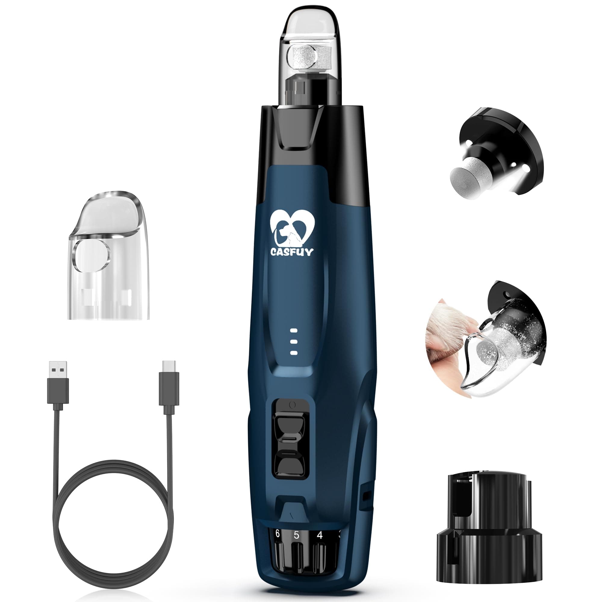 Casfuy New 6-Speed Dog Nail Grinder - 50% More Power Dog Nail Trimmers with 2 LED Lights Quiet 7h Running Time Electric Pet Nail Grinder (Dark Blue)