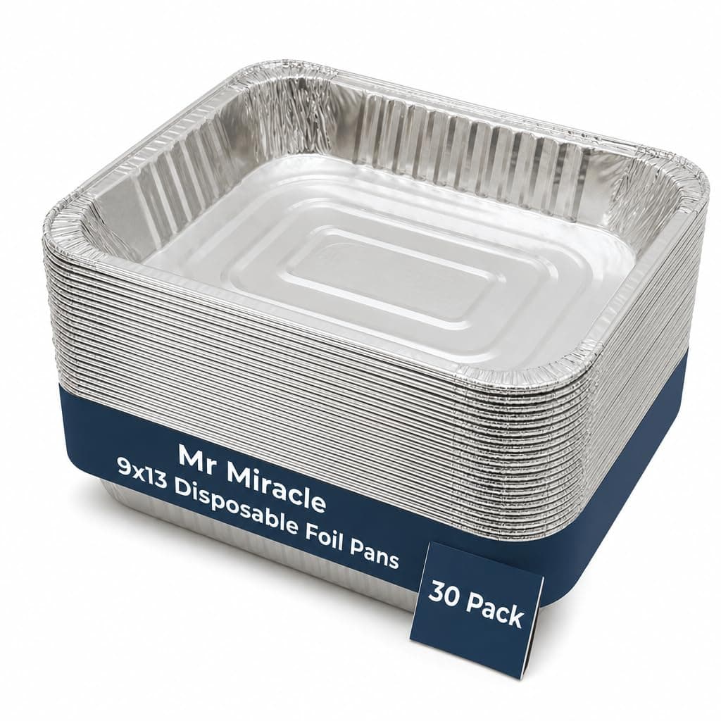 Mr Miracle 9x13 Disposable Foil Pans 30 Pack – Half Size Aluminum Foil Pans for Baking, Cooking, Roasting & Meal Prep | Heavy Duty Deep Steam Table Trays for Catering, Parties & Holidays