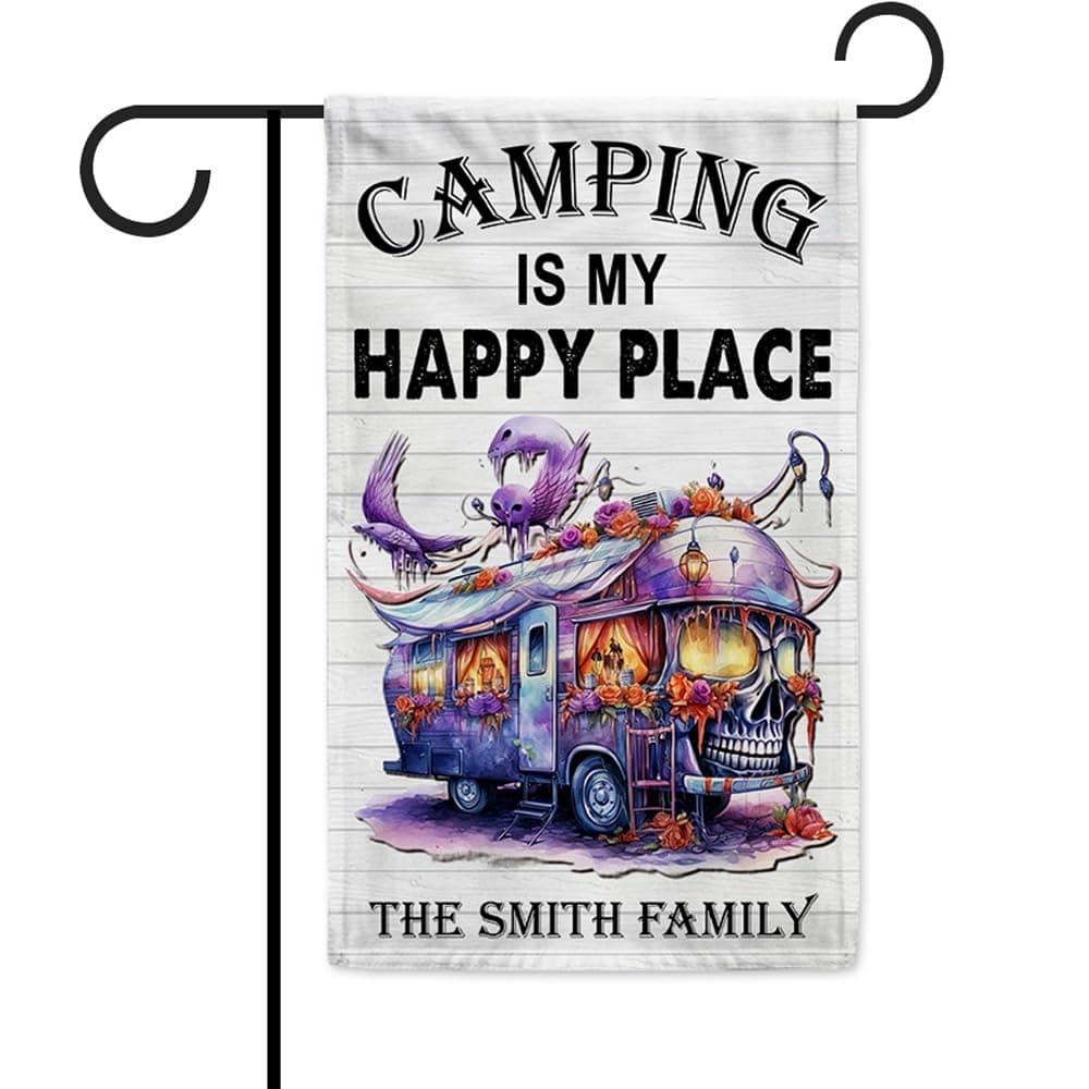 MALIHONG Personalized Happy Campers Halloween Flag Halloween RV SUV Skull Pumpkins Flag for Motorhome Yard House Banner Camping is My Happy Place Campsite Flag 12.5x18 Inch Double Sided Style 19