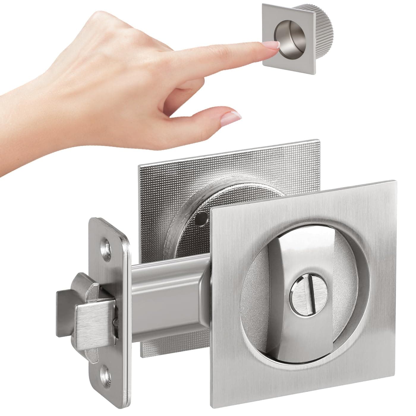Aesytava Brushed Nickel Privacy Pocket Door Hardware, 2 3/8" Backset, Zinc Alloy Heavy Duty Square Pocket Door Lock Silver, Solid Pocket Door Handle(1 Pack)