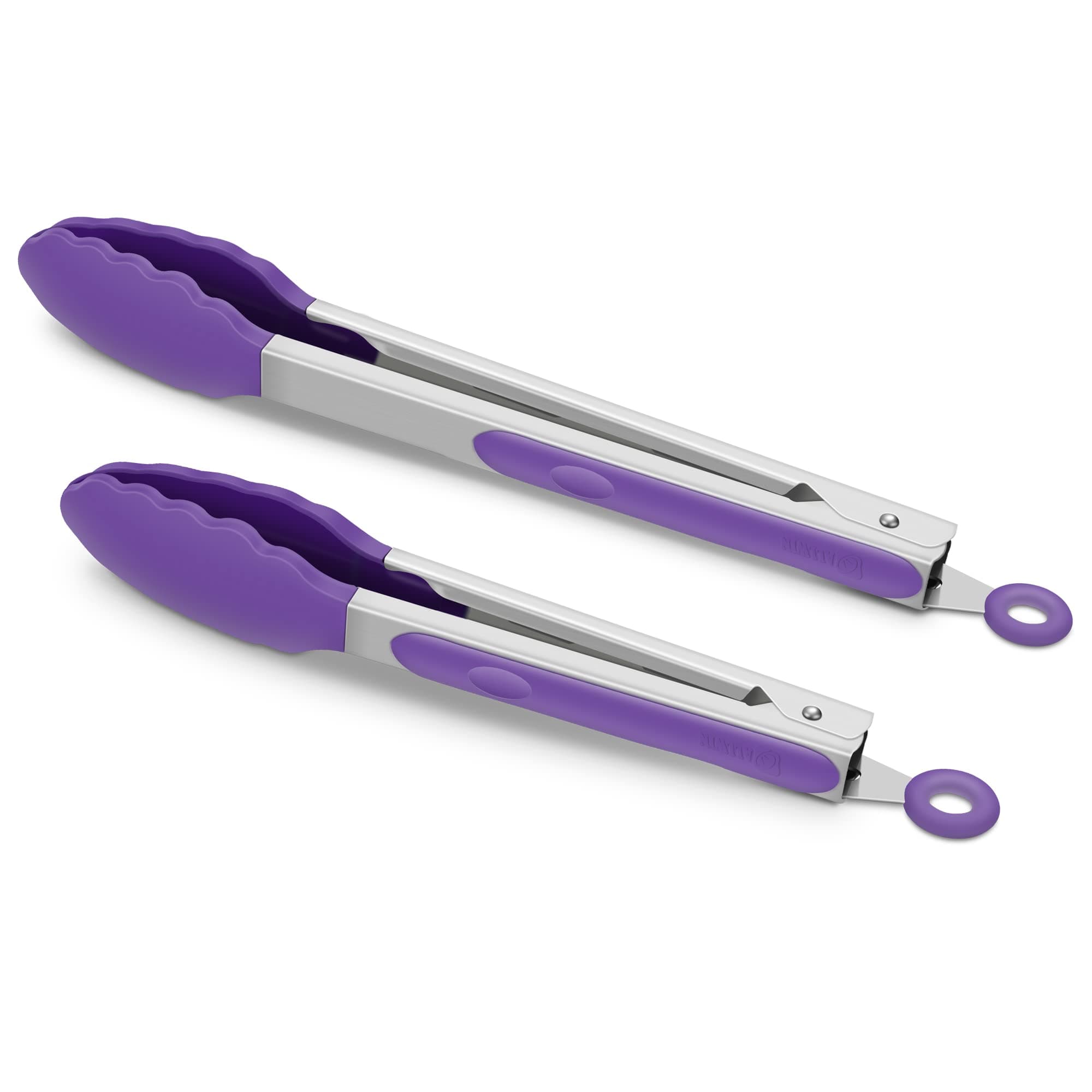 2 Pack Silicone Kitchen Tongs – 9" & 12" Set, Heat Resistant up to 500°F, Non‑Stick Cookware Safe, Wavy Silicone Tips, BPA Free, Locking Clip & Hanging Loop, Purple