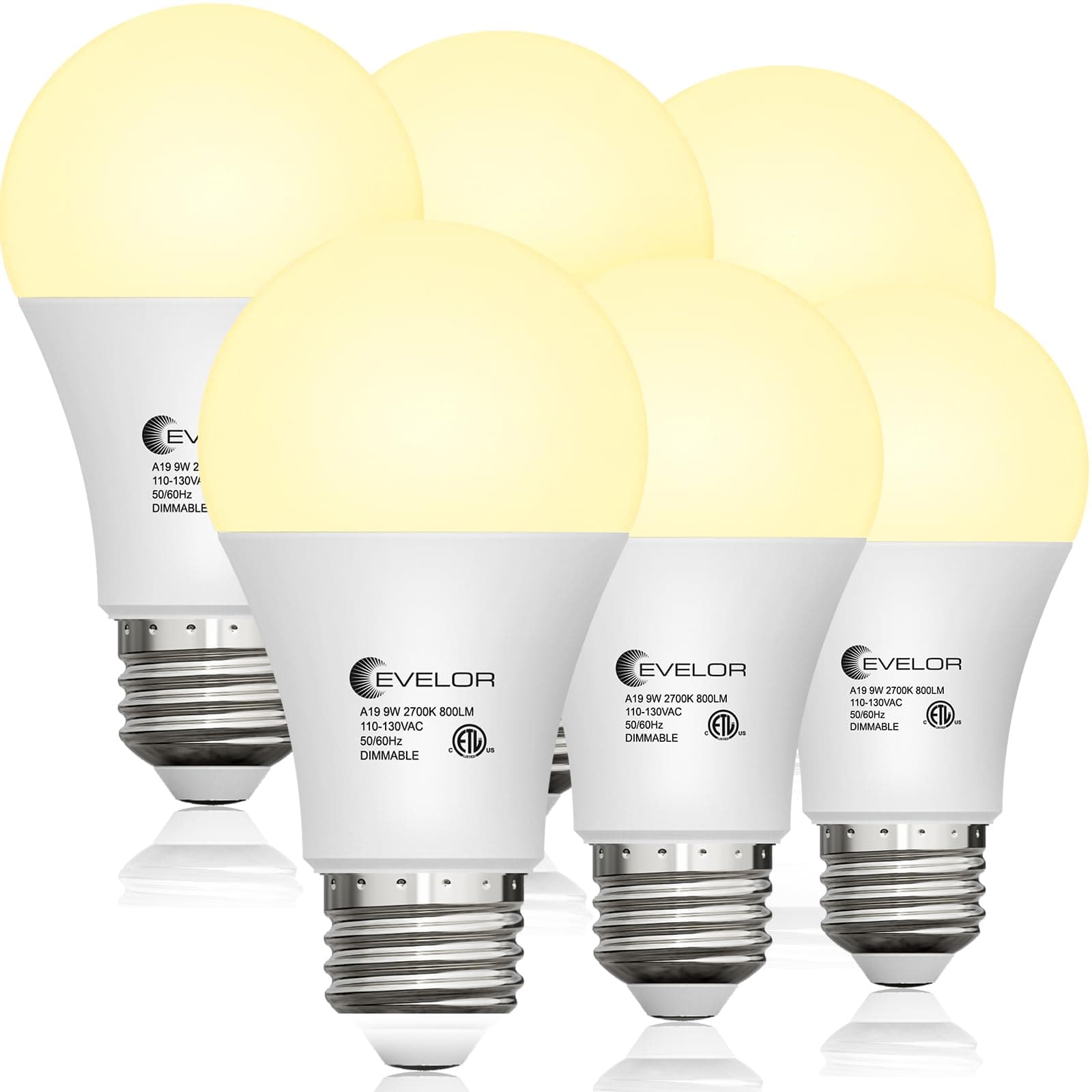 Evelor 6-Packs A19 LED Light Bulbs, E26 Base, Dimmable Soft White 2700K 9W High Efficiency (60W Equivalent), 800 Lumens, 15000 Hours Lifespan, Fits Bedroom & Living Room