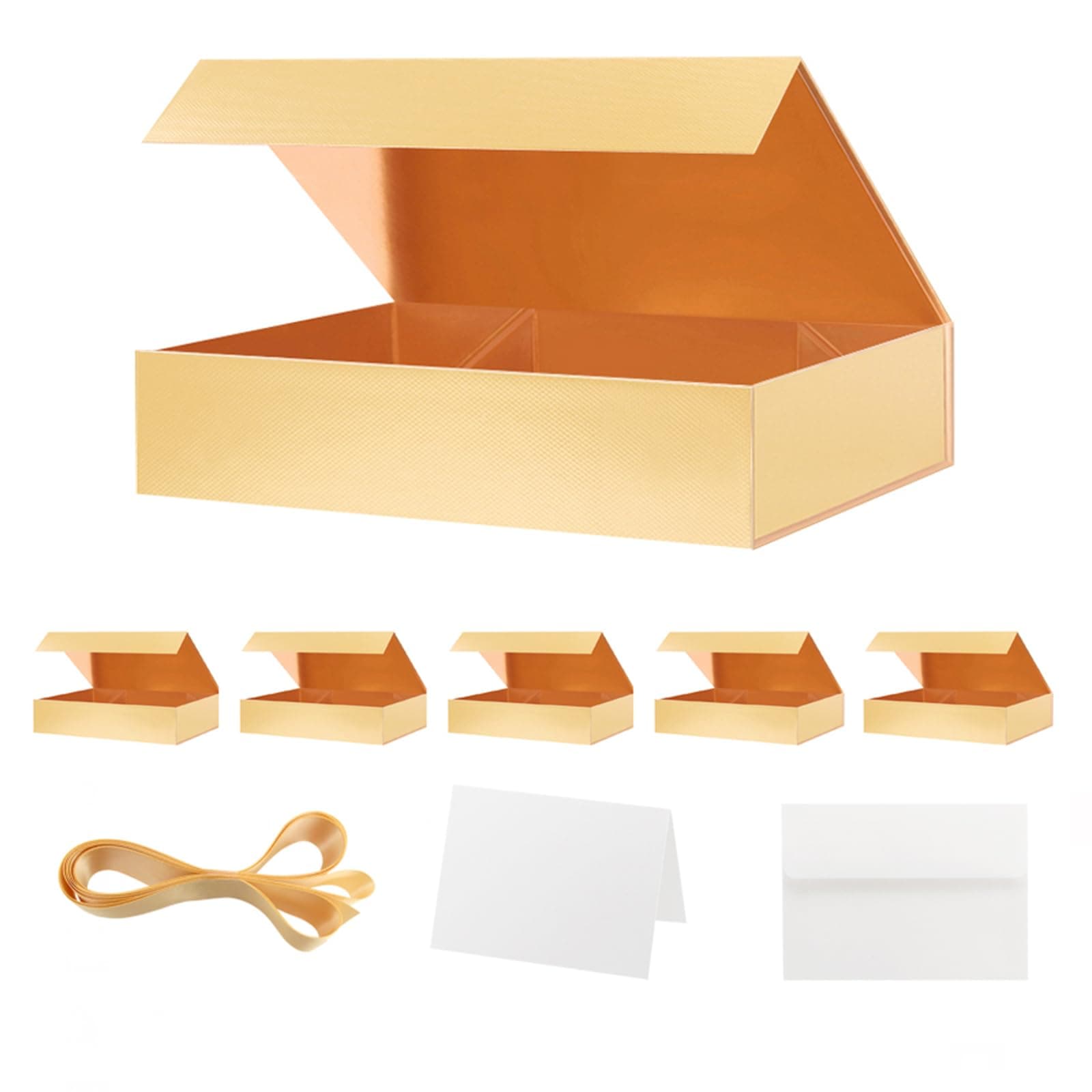 HAPPY POTATO 6 Gift Boxes for Presents with Ribbon and Card 11x7.8x2.3 Inches, Gold Gift Boxes with Lids, Gold Grain Texture, Magnetic Gift Box