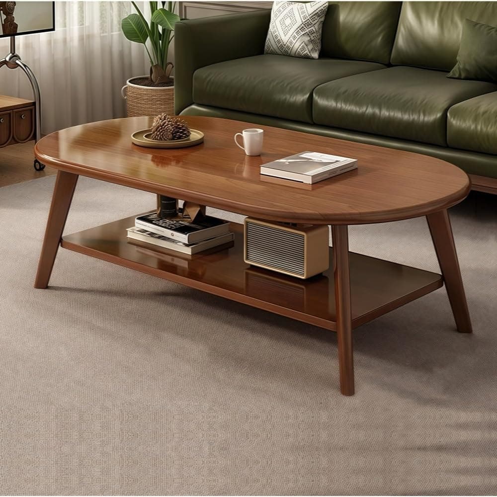 Oval Wooden Living Room Coffee Table, Modern Side Table with Double Storage for Living Room, Bedroom or Office.(Brown,47.2x19.7x17.7)