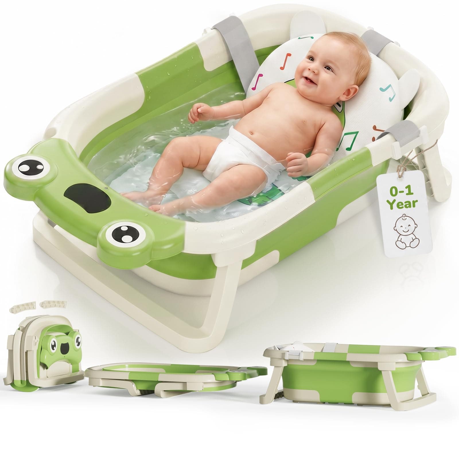 DEANIC Baby Bathtub Collapsible for Newborn Bath, Portable Infant Bathtub with Soft Baby Bath Support Cushion for 0-6-12 Month Newborns, Foldable Baby Bath tub for Indoor, Travel (Green)