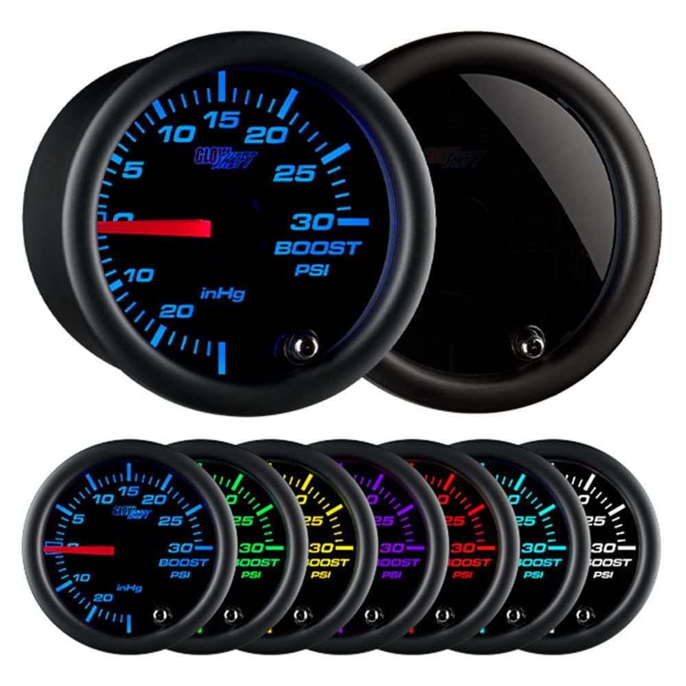 GlowShift Tinted 7 Color 30 PSI Turbo Boost/Vacuum Gauge Kit - Includes Mechanical Hose, T-Fitting & Wiring - Multi-Color Display - Black Dial - Smoked Lens - for Car & Truck - 2-1/16" 52mm
