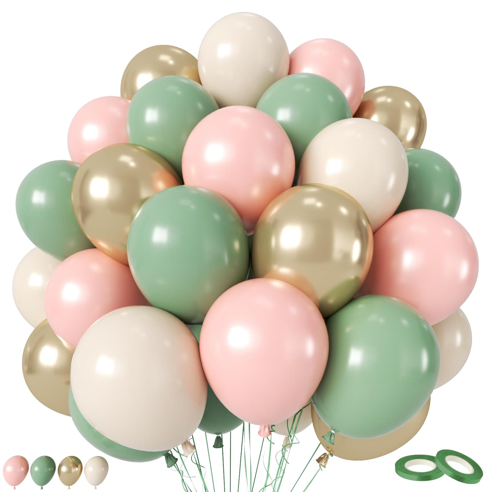 Sage Green Pink Balloon, 60 Packs 12 Inch Olive Green Pink Balloon with Sand White Metallic Gold Balloons for Floral Fairy Wildflower Baby Shower Birthday Woodland Garden Tea Party Party Decorations