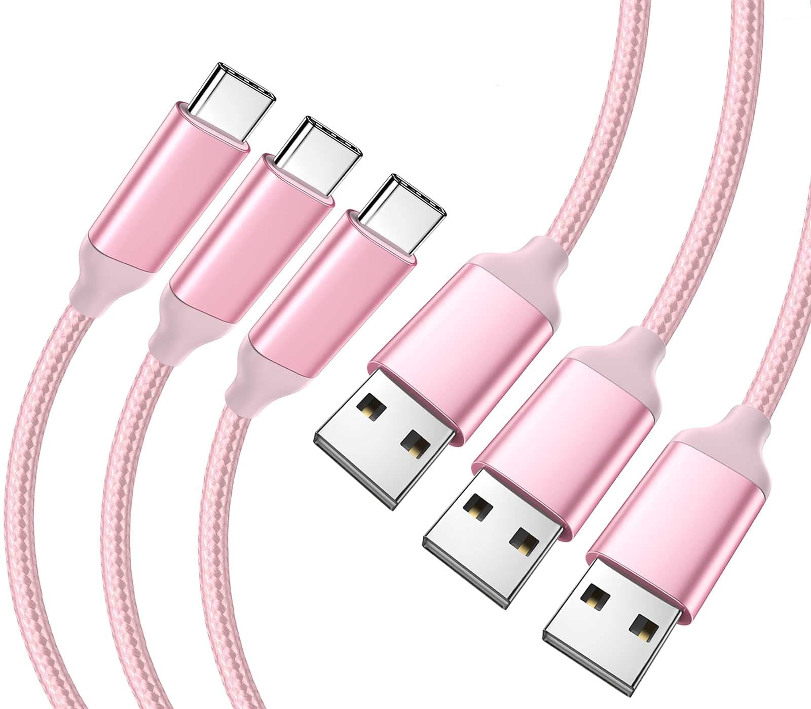 USB Type C Charger Cables(3-Pack 10ft), Long Durable Braided, 3A Fast Charging Cord for LG Stylo 6 5 4, V50 V40 thinq, Samsung Galaxy S10 S10e S9 S8 A31 A11, Note 10 9 8, OnePlus Nord N100, Rose Gold