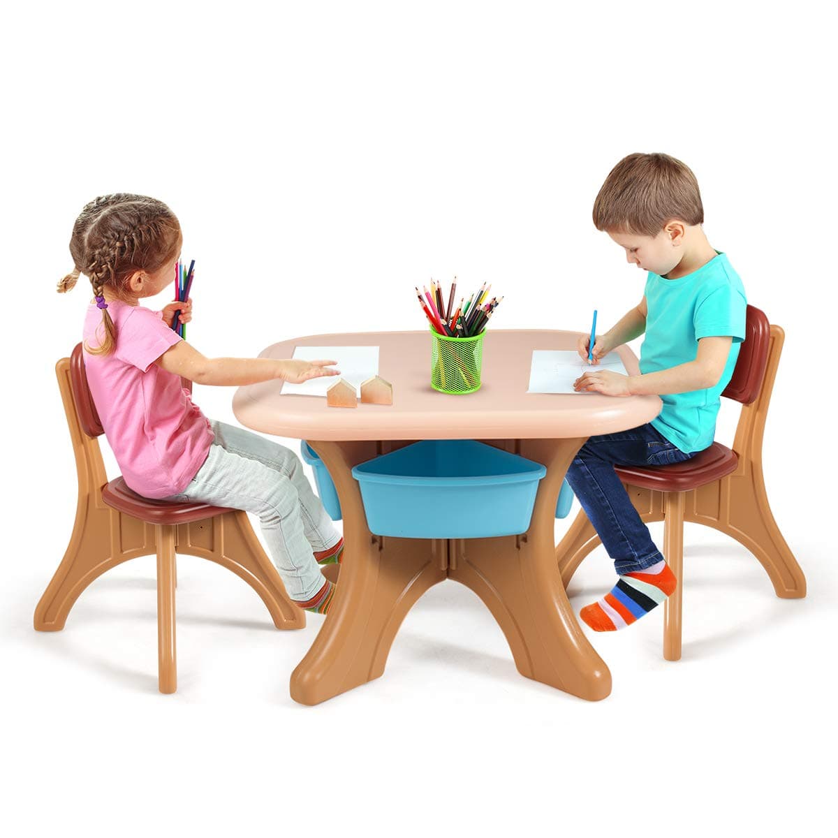 HONEY JOY Kids Table and Chair Set, Plastic Children Activity Table and 2 Chair Set w/Storage Bins, 3 Piece Child Furniture Set for Daycare Playroom, Toddler Table and Chair Set for Boys Girls(Coffee)