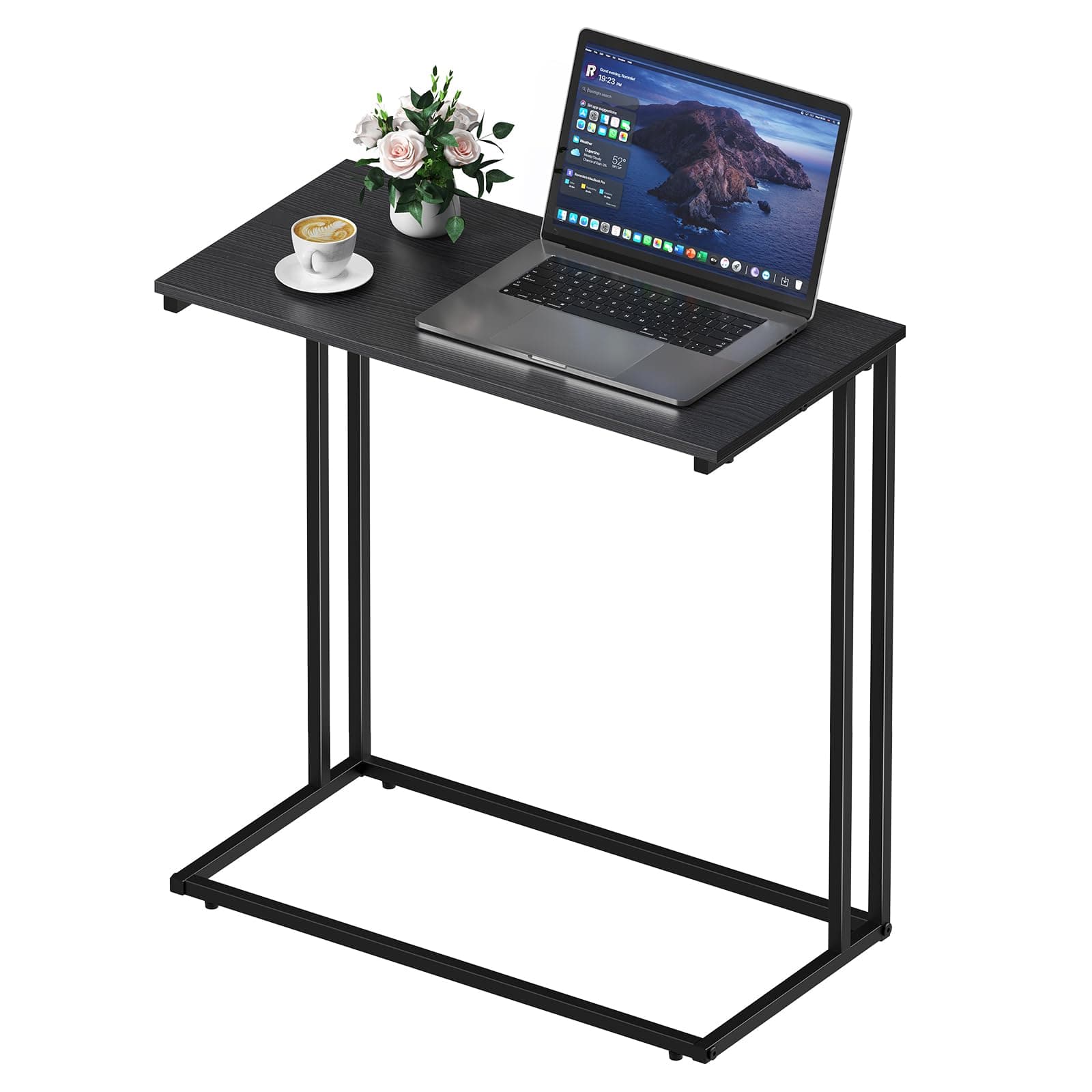 CAMOAT C-Shaped Side Table, Modern End Table for Small Spaces, Large Surface Couch Table for Living Room, Bedroom, and Home Office, Black Metal Frame，24 x 12 x 24 inches (Black)