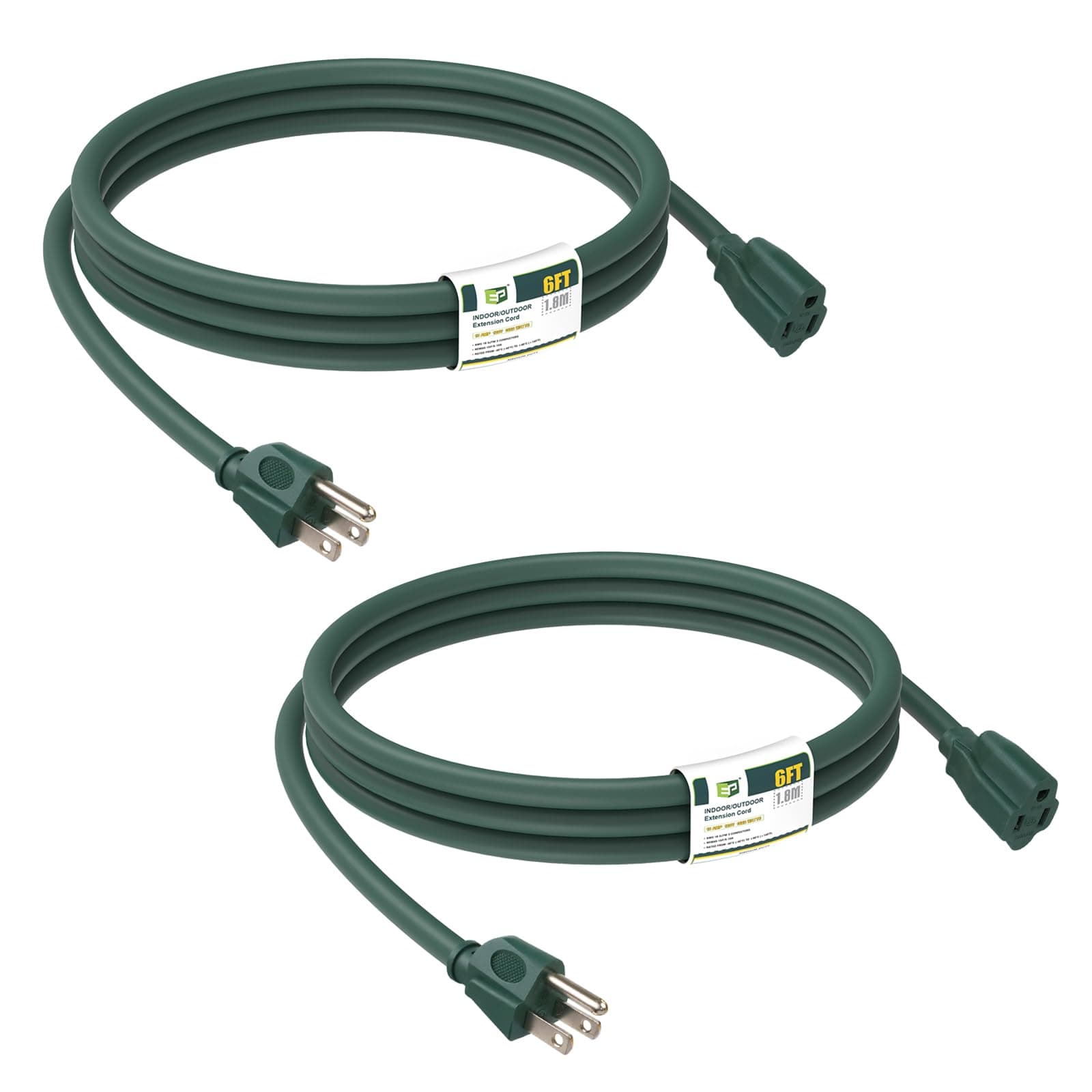 EP 2 Pack 6 Ft Outdoor Extension Cord - 16/3 SJTW Green Electrical Cable with 3 Prong Grounded Plug
