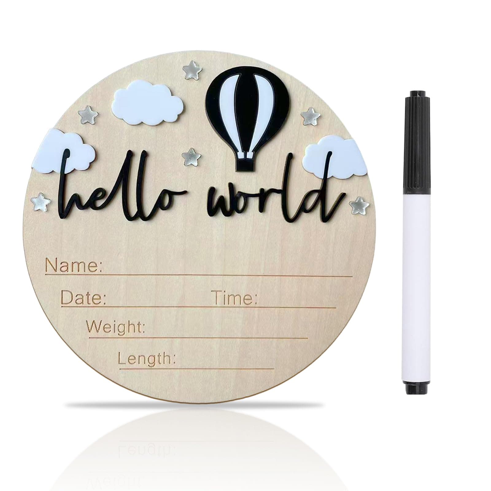 Baby Announcement Sign, 5.9 Inch Wooden Hello World Newborn Signs, Birth Announcement Sign and Pen, Hot Air Balloon and White Cloud Decoration, Welcome Newborn Arrival to World (Black)
