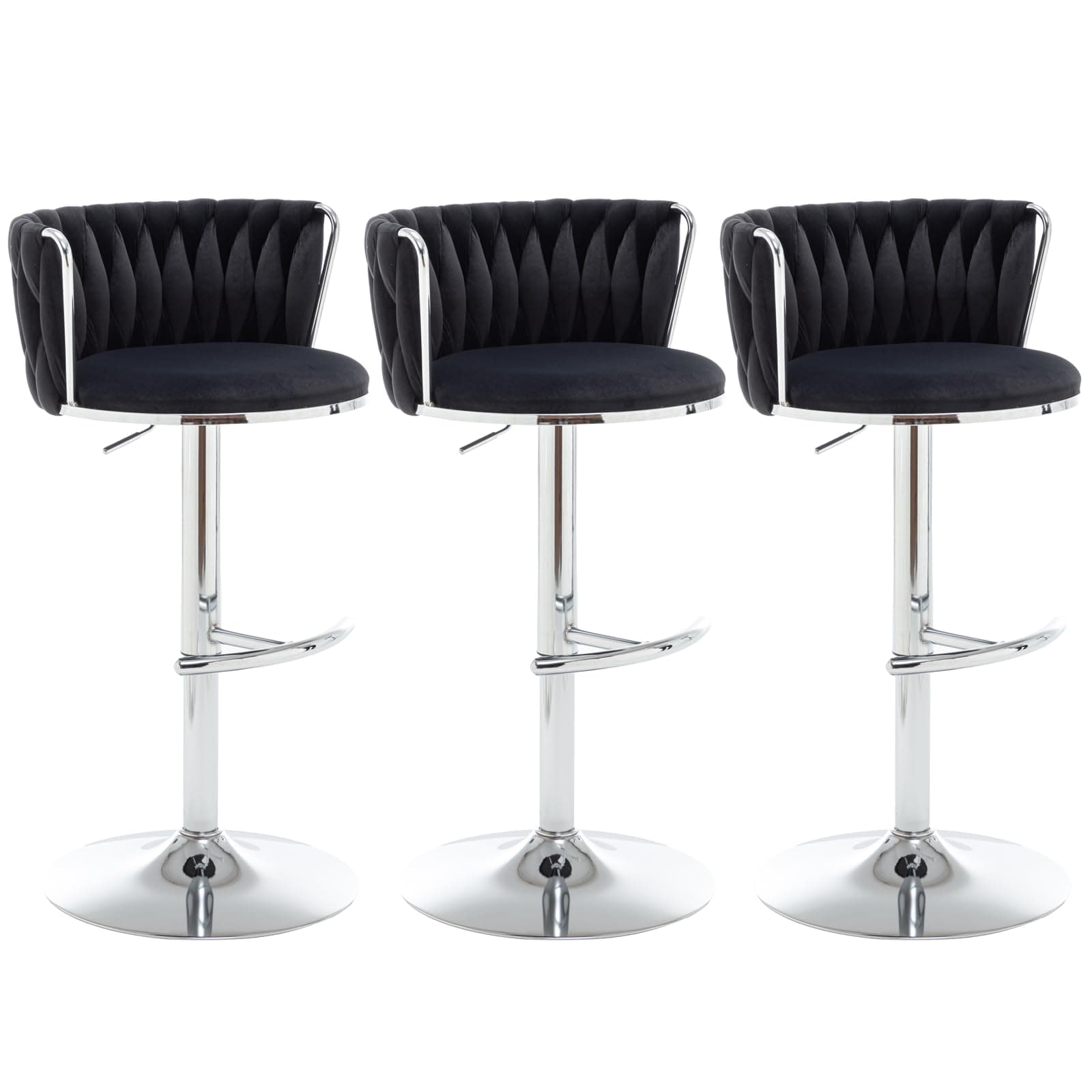 Riknuxi Velvet Bar Stools Set of 3, Counter Height Bar Chairs with Low Back, Swivel Barstools for Kitchen Island, Bar Pub (Black)