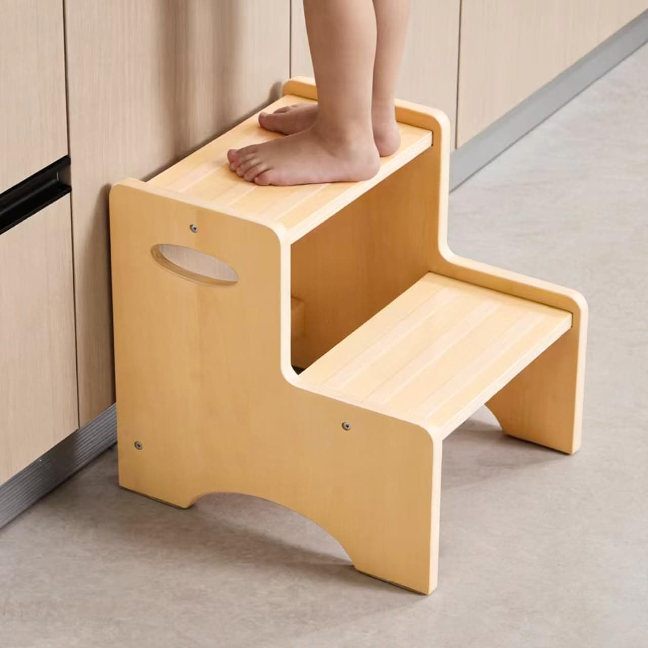Wooden Step Stool for Kids Toddlers 2 Steps with Non-Slip Pads and Handles, Heavy Duty Potty Training Stool for Bathroom, Sink, Toilet, Kitchen, Bedroom (Natural)
