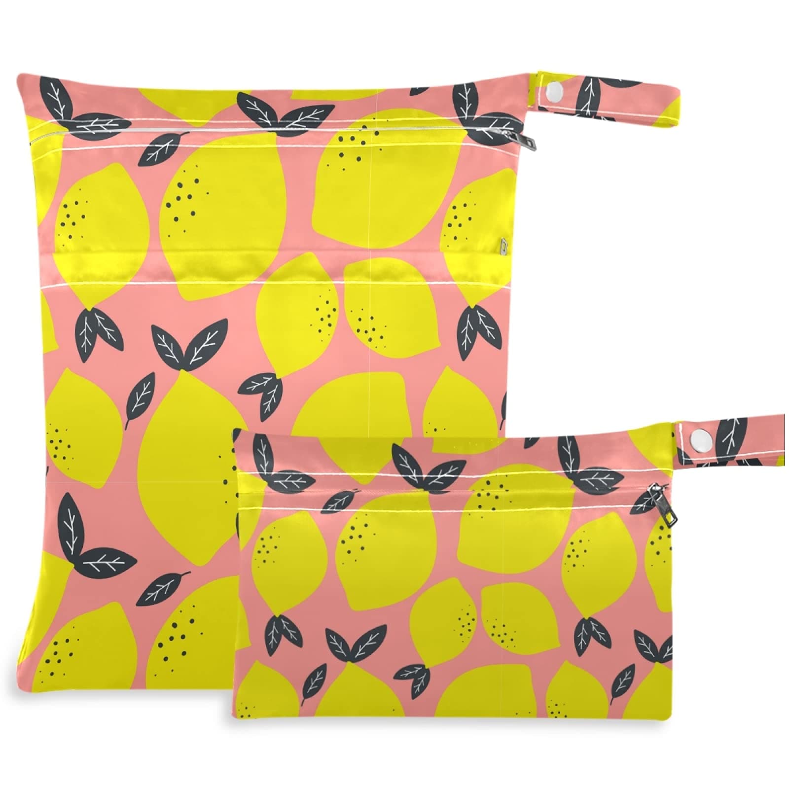 visesunny Cute Yellow Lemon Pink Pattern 2Pcs Wet Bag with Zippered Pockets Washable Reusable Roomy for Travel,Beach,Pool,Daycare,Stroller,Diapers,Dirty Gym Clothes, Wet Swimsuits, Toiletries