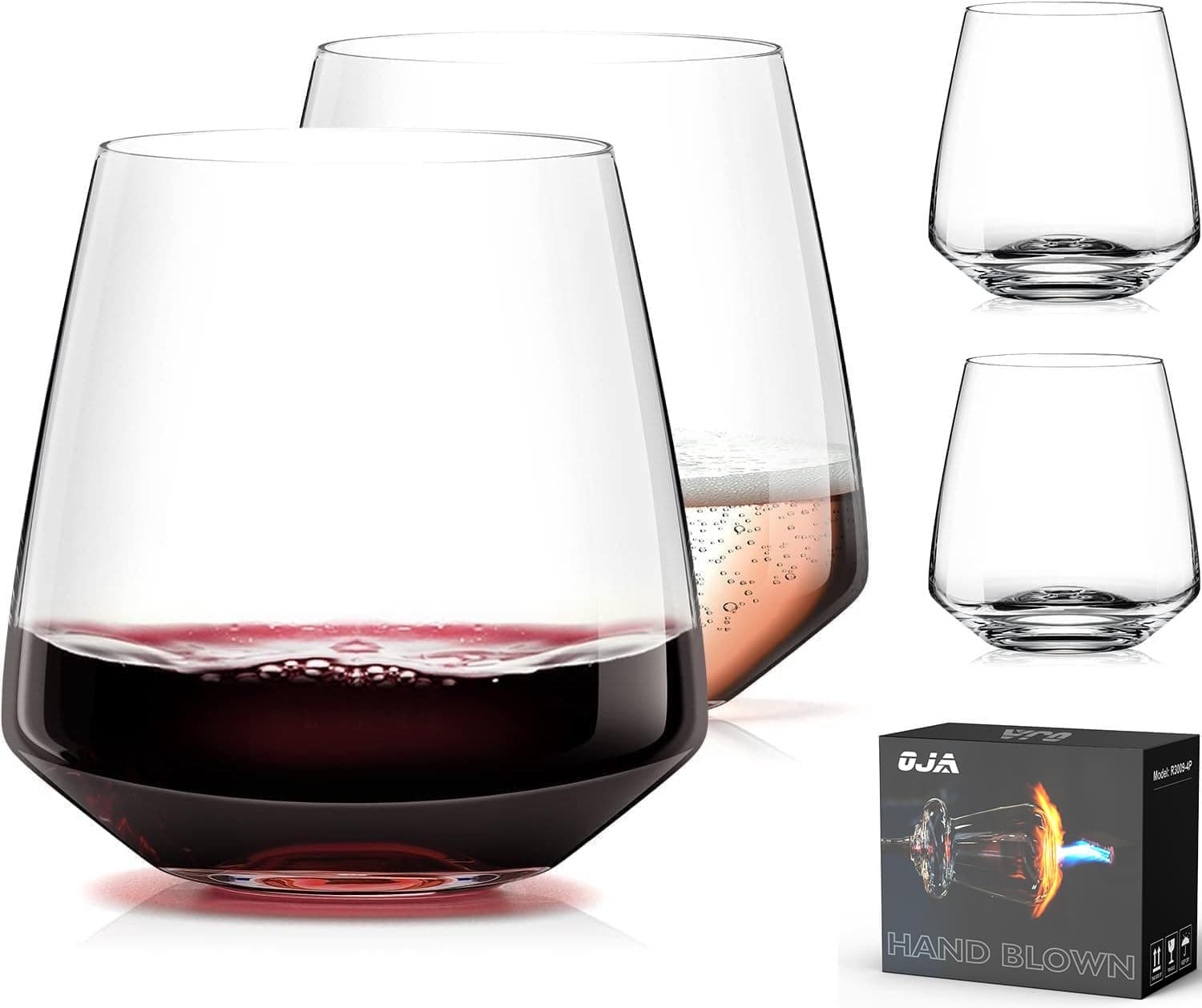 Stemless Wine Glasses Set of 4, 13.5 oz, Crystal, Red White Wine, No Stem