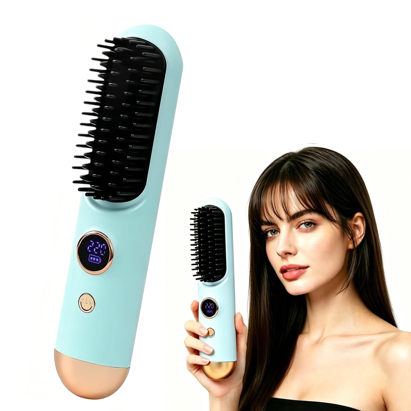 Cordless Travel Hair Straightener Brush, Mini Portable Flat Iron Comb for Women, 9 Adjustable Heat Settings Fast Heating for Short Hair & All Hair Types (Light Blue)