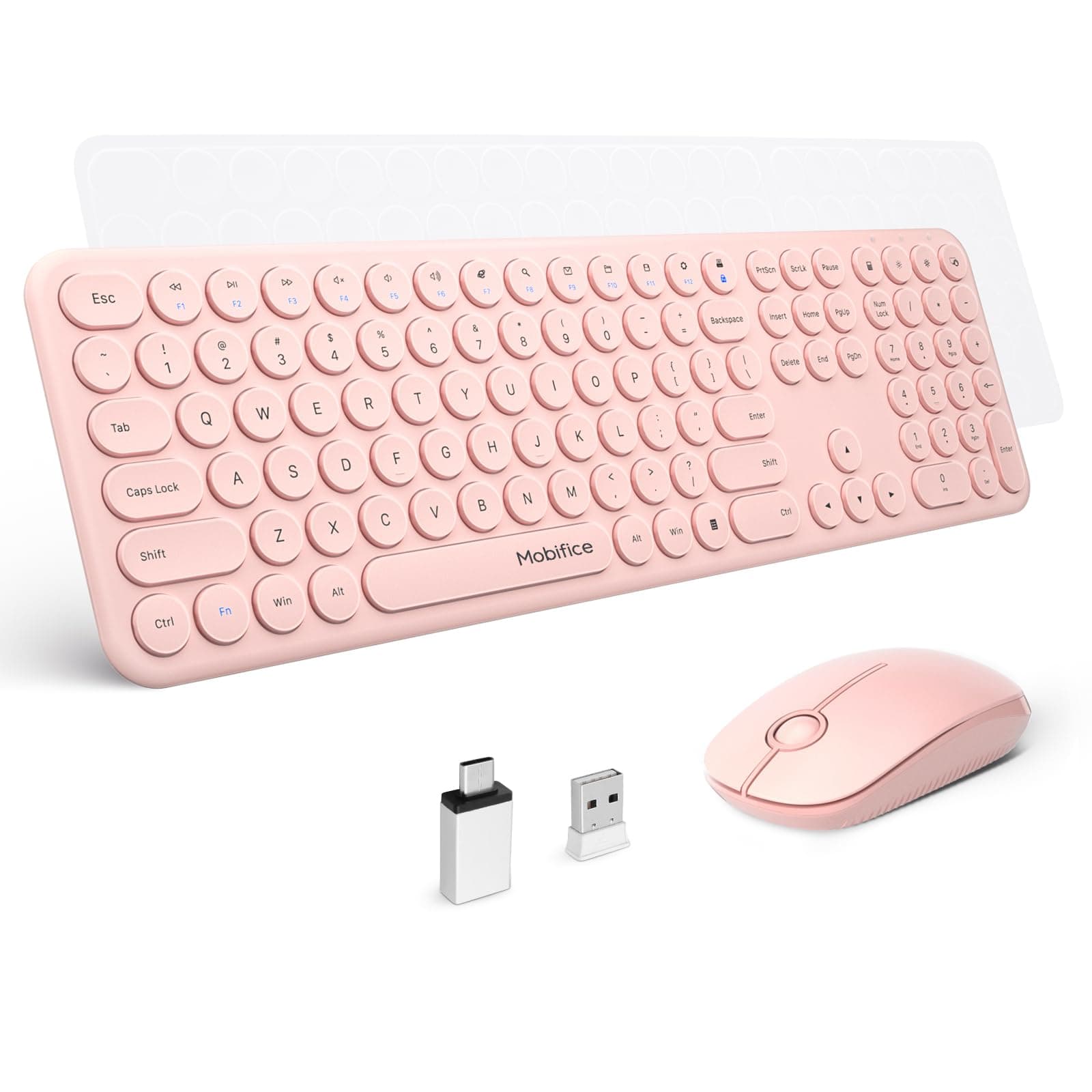 Cute Wireless Keyboard and Mouse Mobifice Ultra-Thin 2.4GHz USB Cordless Full-Sized Silent Retro Computer Keyboard Mouse Combo,for PC Computer/Laptop/Windows/Mac/Tablets/Microsoft(Pink)
