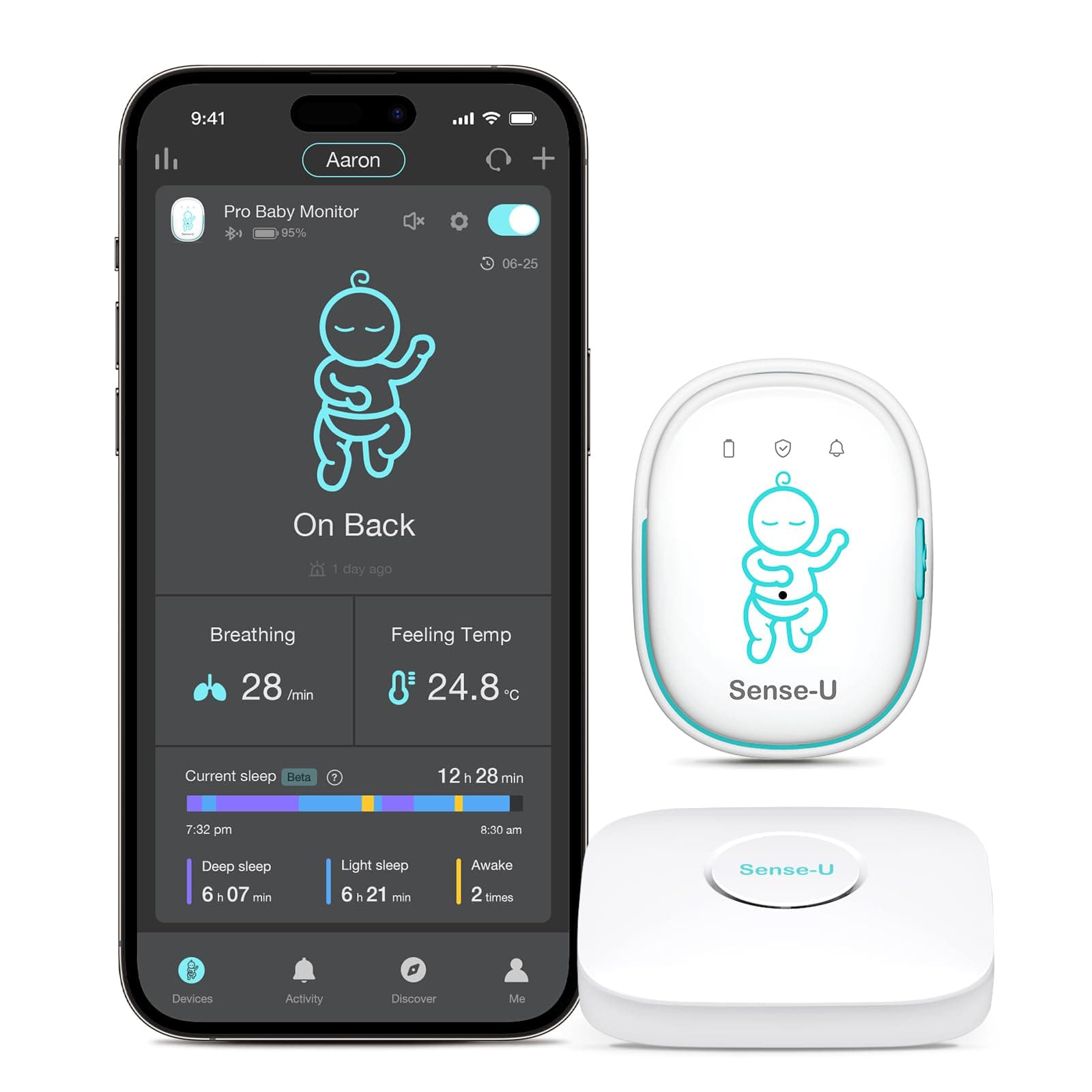 Sense-U Pro Baby Monitor(Long Range) - Tracks Breathing Movement, Rollover, Temperature Anywhere for Better Sleep, Simple Clip-On Smart Tracker with Arousal Vibration, Audible Alerts & Sleep Analysis