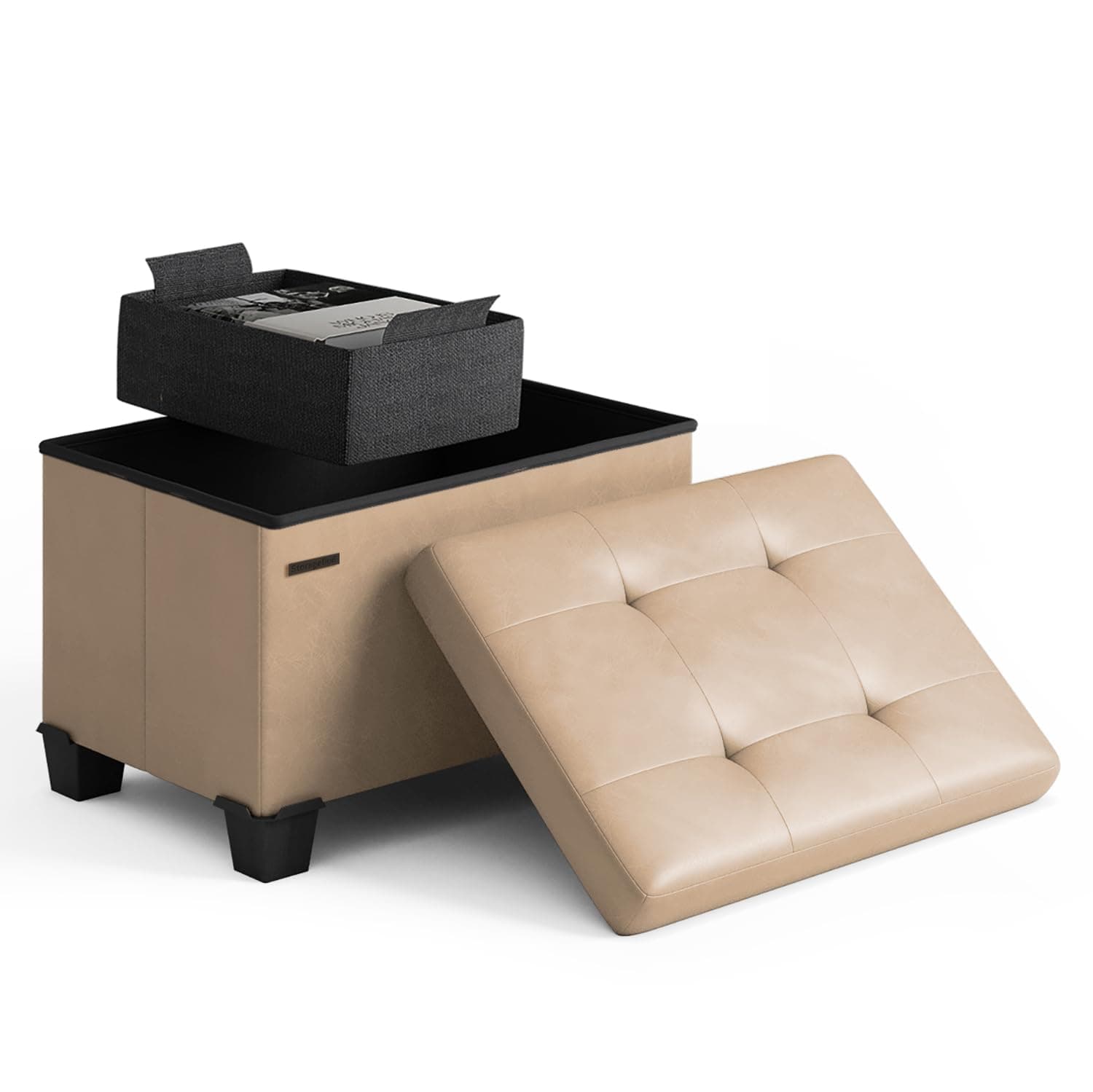 STORAGEBUD Storage Ottoman Cube with Small Bin, 16-in Square Ottoman with Storage for Living Room and Bedroom, Small Ottomans Foot Rest, Faux Leather Foot Stools Ottomans Max 330lbs, Taupe