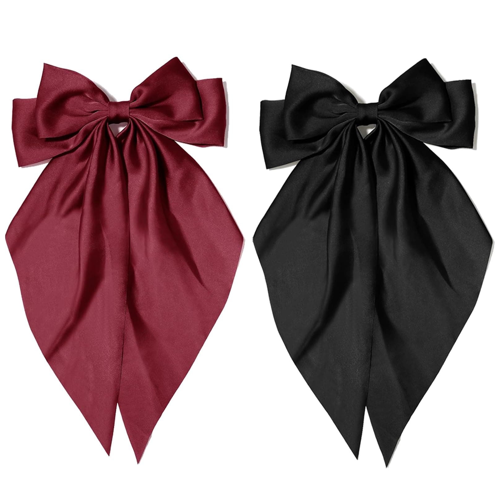 Hair Bows Silky Satin Bows Oversized Long Tail Hair Bow Clips Barrettes Big Bowknot Hair Accessories Trendy Stuff for Women Girl (Black + Dark Red)