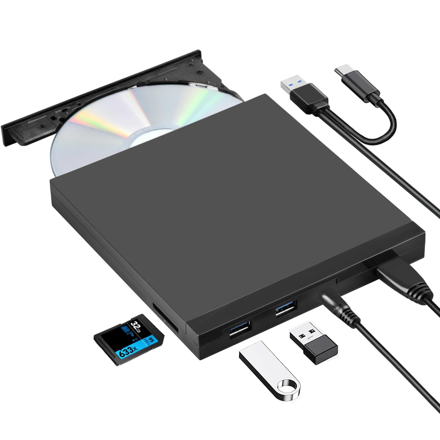 ROOFULL External CD DVD Drive with USB 3.0 Port Hub & SD Card Reader