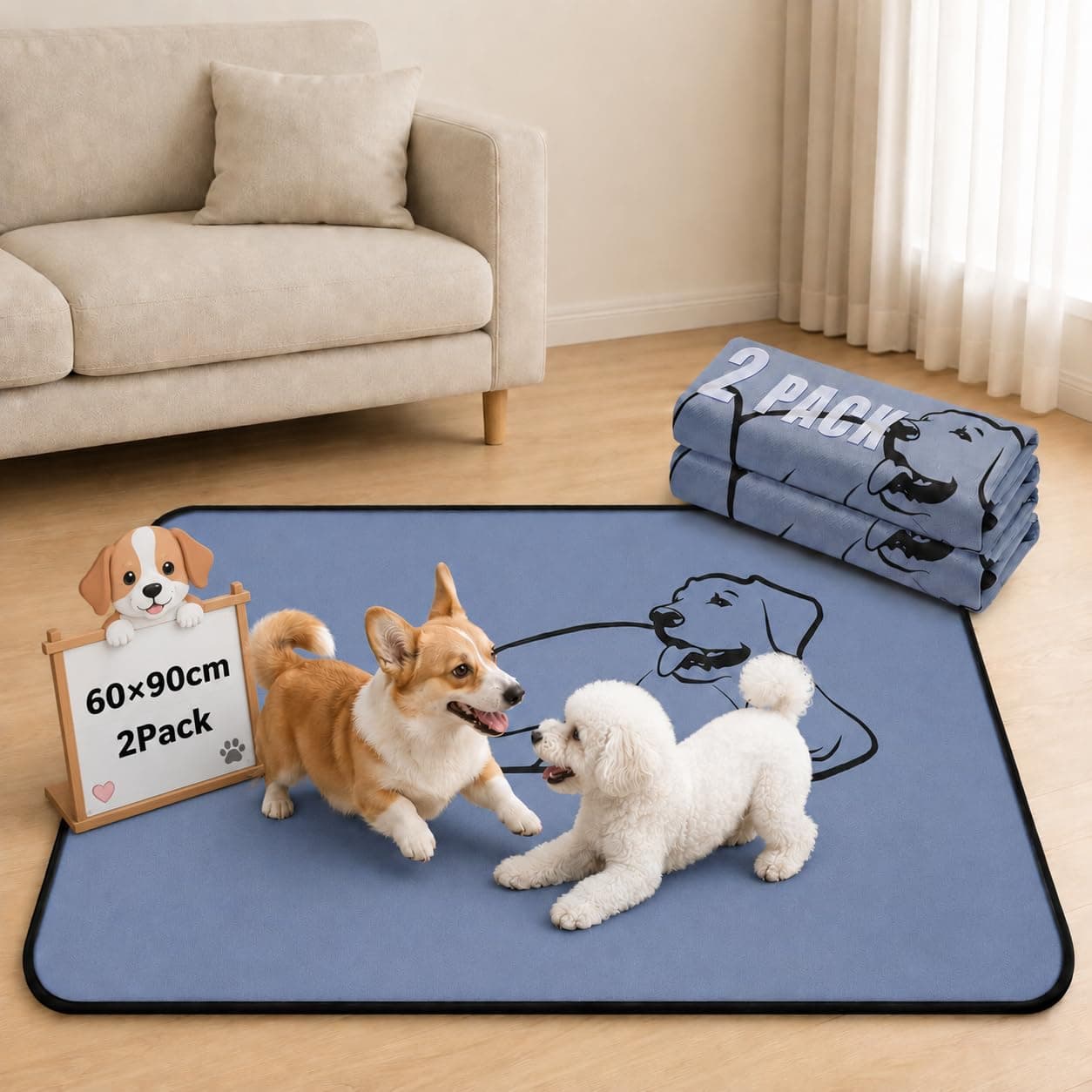 Zlune 2 Pack Washable Pee Pads for Dogs, Reusable Training Puppy Pads Absorbency Non-Slip & Leak-Proof for Pet Whelping Box Playpen Crate Sofa Bed Floors ( 24"x36",Gray)