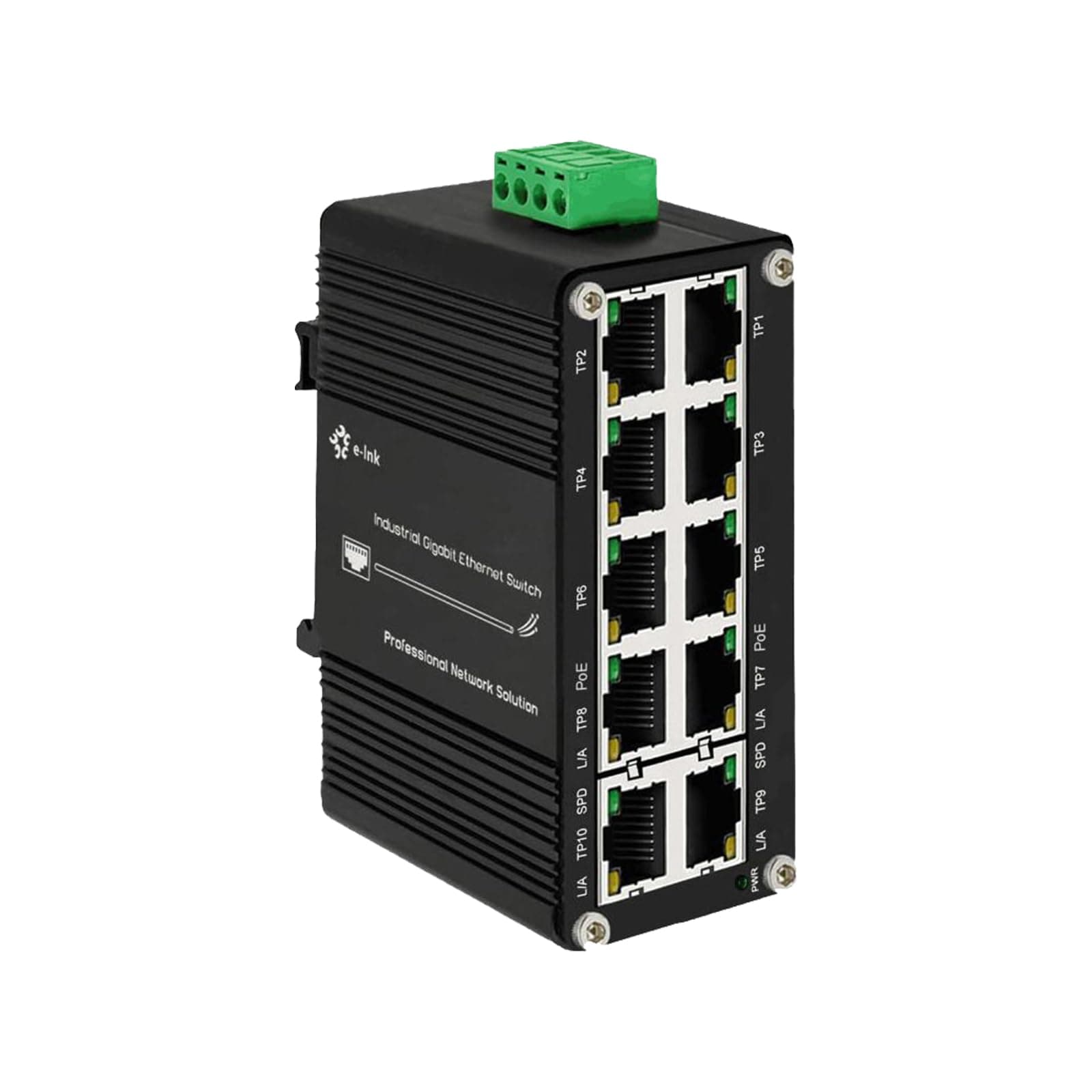 Mini Industrial 10-Port Gigabit PoE+ Switch with 2 Uplink Ports, IEEE 802.3af/at 30W, 12~48V DC Redundant Power Input, Booster Function, Up to 240-watt PoE Budget, Din Rail Mount